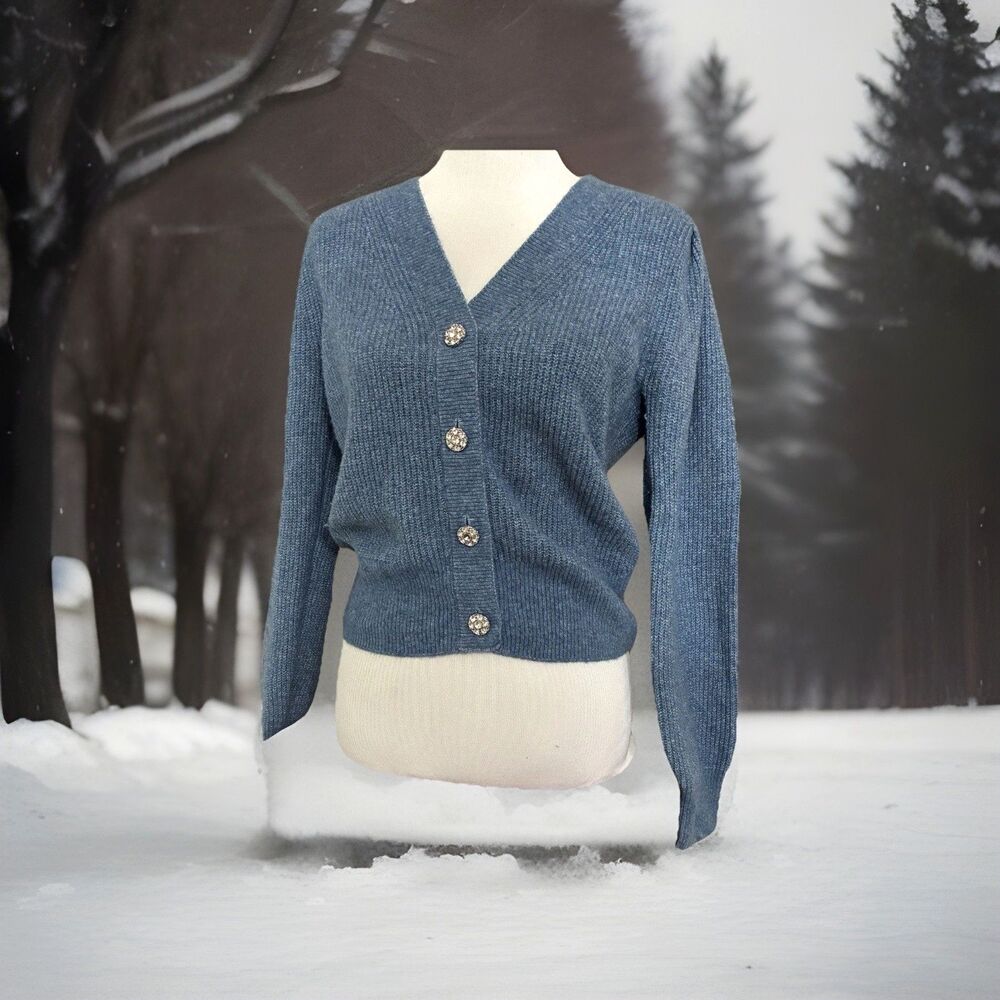WHBlM Wool Blend Cardigan Sweater Rhinestone Buttons Blue V-neck Sz L Old Money